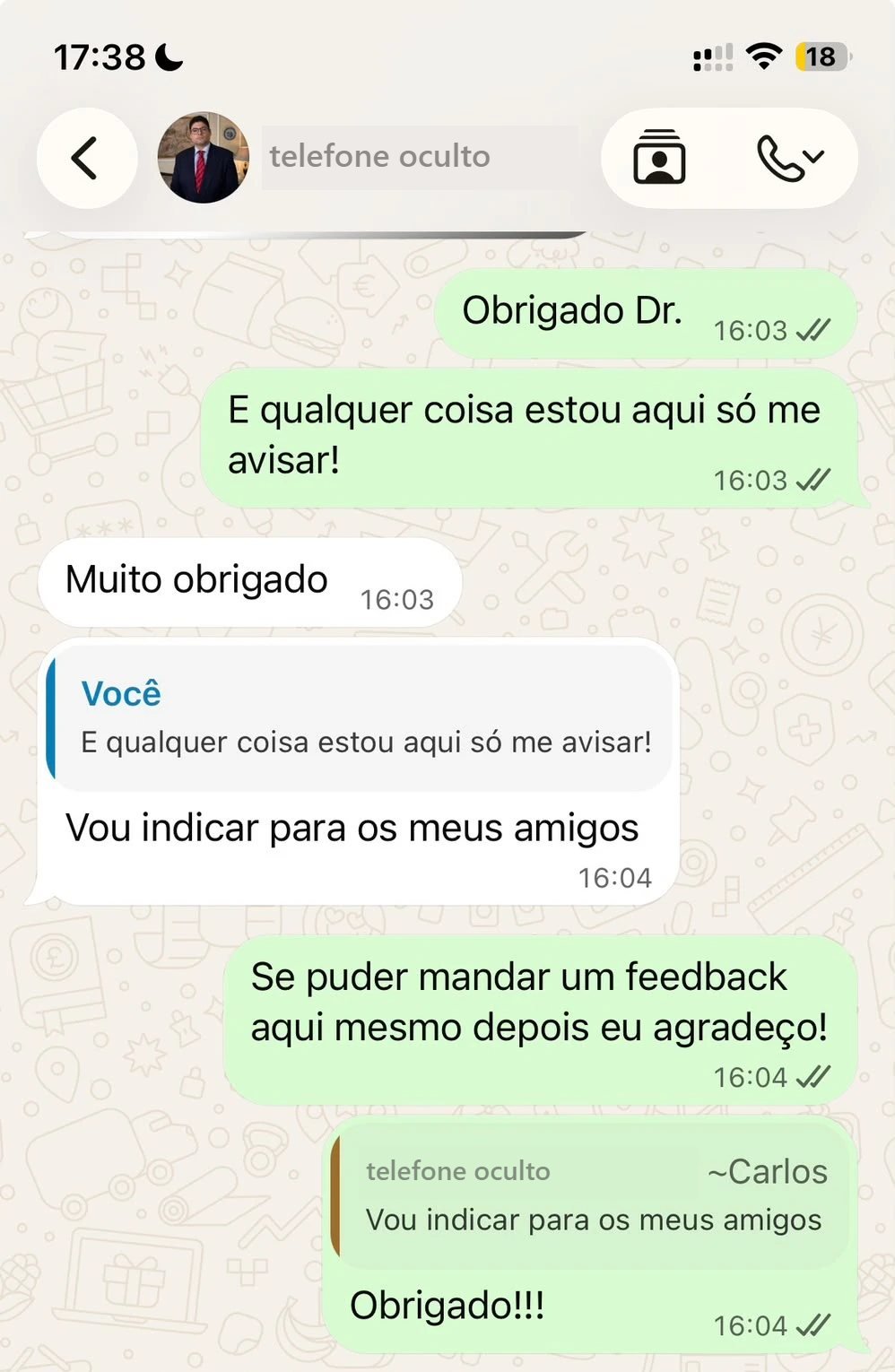 Conversa no WhatsApp: o Dr. Carlos agradece e diz que vai indicar para os amigos